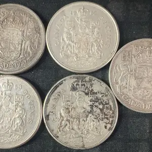 5 Canadian .800 Silver Half-Dollar Coins, 58g Total