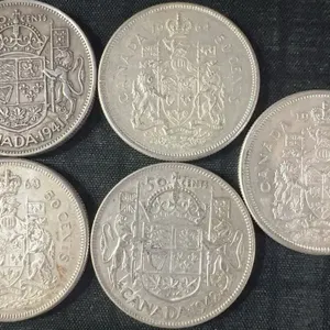 Five Canadian .800 Silver Half-Dollar Coins, 58g, 1.50 Troy Ounces