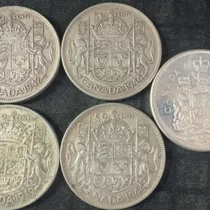 5 Canadian .800 Silver Half-Dollars, 58g Total