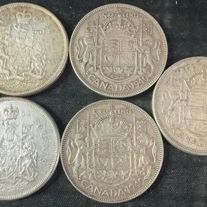 5 Canadian .800 Silver Half Dollars, 58g Total Weight