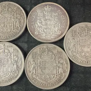 5 .800 Silver Canadian Half-Dollar Coins, 58g Total
