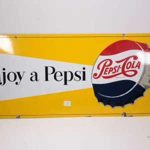 Vintage metal and porcelain "Enjoy A Pepsi" advertising sign, marked P & M Orillia and P.M.24E, 12" 
