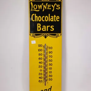 Vintage metal and porcelain Eatmore Lowney's Chocolate Bars (fahrenheit) marked General Steelwares L