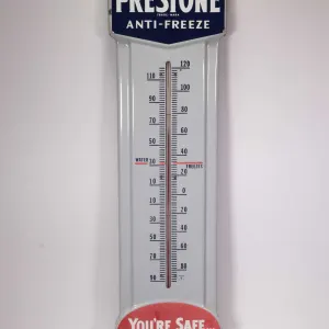 Vintage metal and porcelain Prestone Antifreeze thermometer (fahrenheit) marked Made in USA, 36" H X