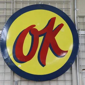 Vintage metal and porcelain "OK" button 32" in diameter, original fitted to lot 1