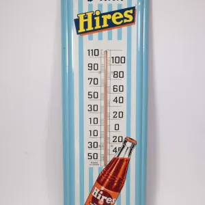 Vintage metal and porcelain Drink Hires thermometer (fahrenheit) marked Printed in Canada 27" H X 8"