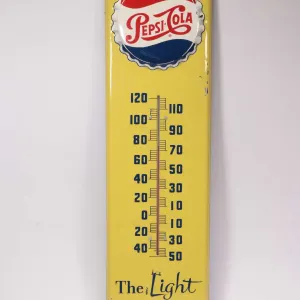 Vintage metal and porcelain Pepsi-Cola thermometer (fahrenheit) marked Made in USA, 26 1/2" H X 7 '