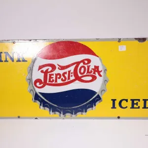 Vintage metal and porcelain 'Drink Pepsi-Cola" marked PM 24/49, 12 1/4" H X 29 1/4"