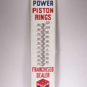 Vintage metal and porcelain Sealed Power Pistol Rings thermometer ( fahrenheit) marked Made in USA, 