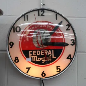 Vintage Federal Mogul Rolling Bearings illuminating electric wall clock, 16" in diameter, 4 1/2" D a