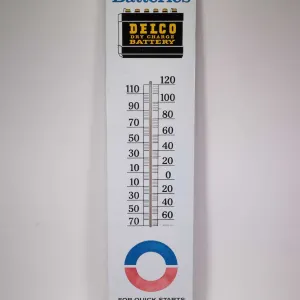 Vintage metal and porcelain Delco Batteries thermometer (fahrenheit) marked S.T.M.S.-65, 39" H X 8" 