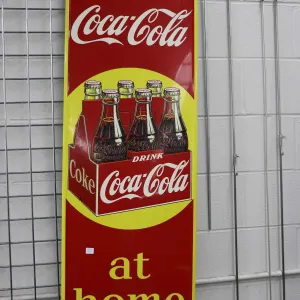 Vintage metal and porcelain Coca-Cola sign marked Made in Canada 1951, 53 1/4" H X 17 1/4"