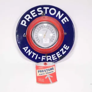 Vintage metal and porcelain Prestone Anti-freeze thermometer (fahrenheit)  with paper Prestone oil c