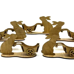 (5) Hand-Made Wood Rabbit with Wagon Decor 5” x