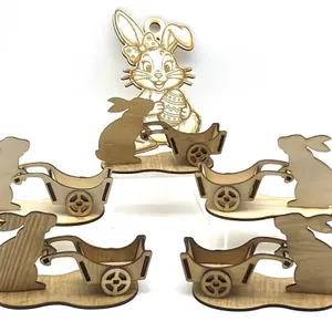 (5) Hand-Made Wood Rabbit with Wagon Decor 5” x