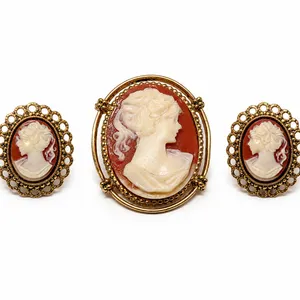 Vintage Gold Tone Cameo Brooch and Clip-On Earrings Set