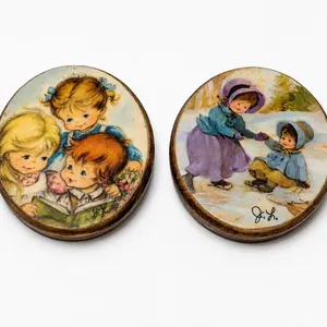 Vintage J.L. Brooch Pins with Children Scenes