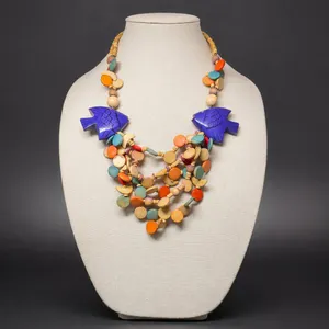 Colorful Wooden Beaded Necklace with Fish Pendants