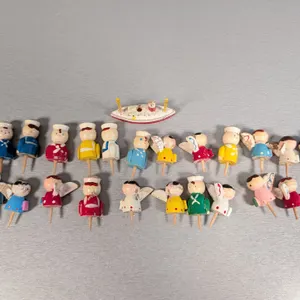 Collection of Vintage Wooden Cake Toppers: Sailors, Angels, and a Boat