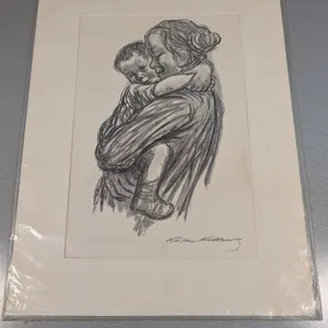 Käthe Kollwitz Style "Child In Arms" Charcoal Drawing