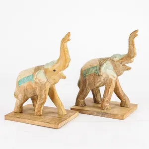 Pair of Hand-Carved Wooden Elephant Bookends