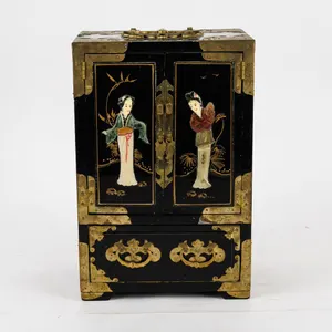 Vintage Chinoserie Black Lacquer Jewelry Cabinet