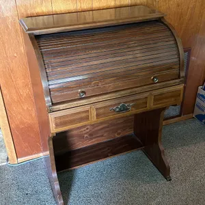 Roll-Top Secretary Desk in Wood Finish - Single Drawer and Storage Cubby
