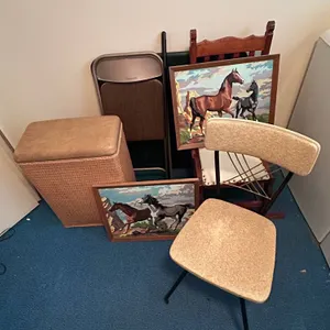 Furnishings, Framed Horse Paintings, Folding Chair, Basket, Decor