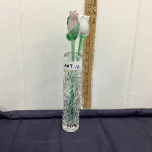 PINWHEEL CRYSTAL BUD VASE W/ (3) GLASS FLOWERS