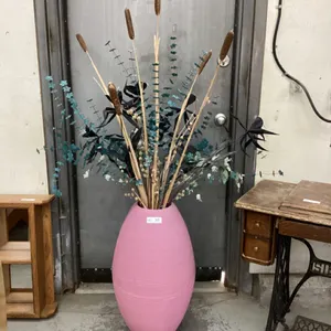 LARGE FLOOR PINK VASE W/ CAT TAILS & ARTIFICIAL GREENERY