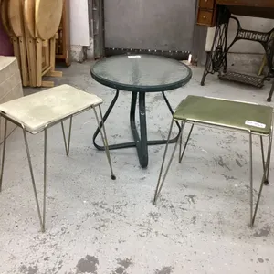 PATIO SIDE TABLE & (2) VINTAGE STACKING STOOLS
