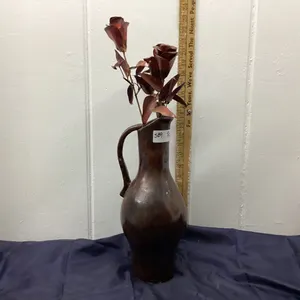 POTTERY VASE W/ SOME METAL ROSES