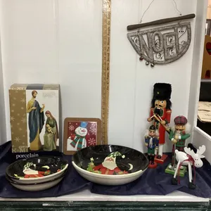 BOX W/ PORCELAIN HOLY FAMILY, PASTA BOWL SET, WOOD NUTCRACKERS, ETC