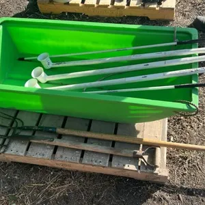 Pallet w/ Poly calf sleigh, (2) Hot shot sorting sticks, (3) Grain sample scoops, 3 tine fork, 5 tine fork