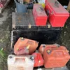 Pallet w/ Jerry cans, steamer trunk, empty toolboxes