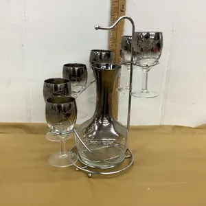 VINTAGE SILVER RIMMED  WINE GLASSES & DECANTER ON RACK
