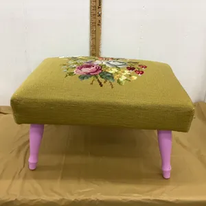 NEEDLEPOINT EMBROIDERED STOOL W/ PINK PAINTED LEGS