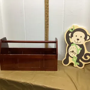 WOOD TOOL BOX & MONKEY CLOCK