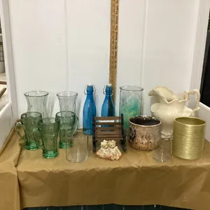 CERAMIC PITCHER, VASES, COCA-COLA GLASSES, BLUE BOTTLES, MINI GARDEN BENCH