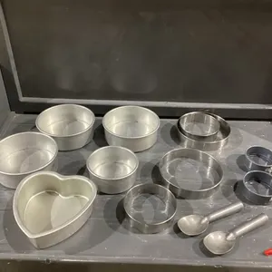 CAKE PANS - (3) ATECO 8 X 3, (3) 6 X 3, (1) FAT DADDIO HEART 8 X 3,  CAKE RINGS + SCOOPS