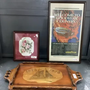 2 PICTURES, LAQUERED WOOD TRAY RCMP SCHOONER