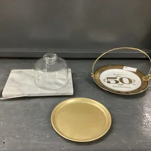 MARBLE CHEESE BOARD W/ GLASS COVER, 50TH ANNIVERSARY PLATE, METAL PLATE