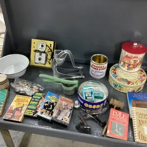 VINTAGE JUICER, TIN CANS, VHS MOVIES, PENCIL SHARPENERS