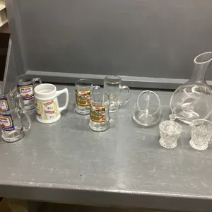 BEER STEINS, GLASSES, PINWHEEL CRYSTAL CREAM & SUGAR, WATER DECANTER
