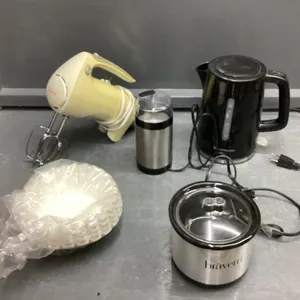 ELECTRIC SUNBEAM HAND MIXER, BIG COFFEE FILTERS, COFFEE GRINDER, MINI CROCK POT, TOASTMASTER KETTLE