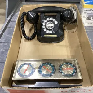 VINTAGE ROTARY PHONE, BRASS DEER STOCKING HANGERS, BLOOD PRESSURE MONITOR, WEATHER STATION