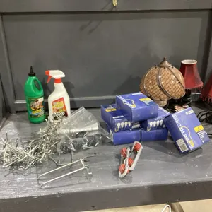 2 BOXES - 3 LAMPS, LIGHT BULBS, CASTERS, PEGBOARD HOOKS