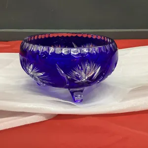 BLUE "IRENA" PINWHEEL CRYSTAL SMALL BOWL - 3-FOOTED