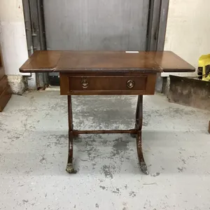 SMALL ANTIQUE  SIDE TABLE W/  2- DROP LEAFS. 1 - SMALL DRAWER