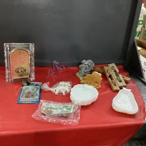SEIKO CLOCK, ELEPHANT FIGURINES, FRUIT SHAPED DISHES, WOODEN PULLEYS